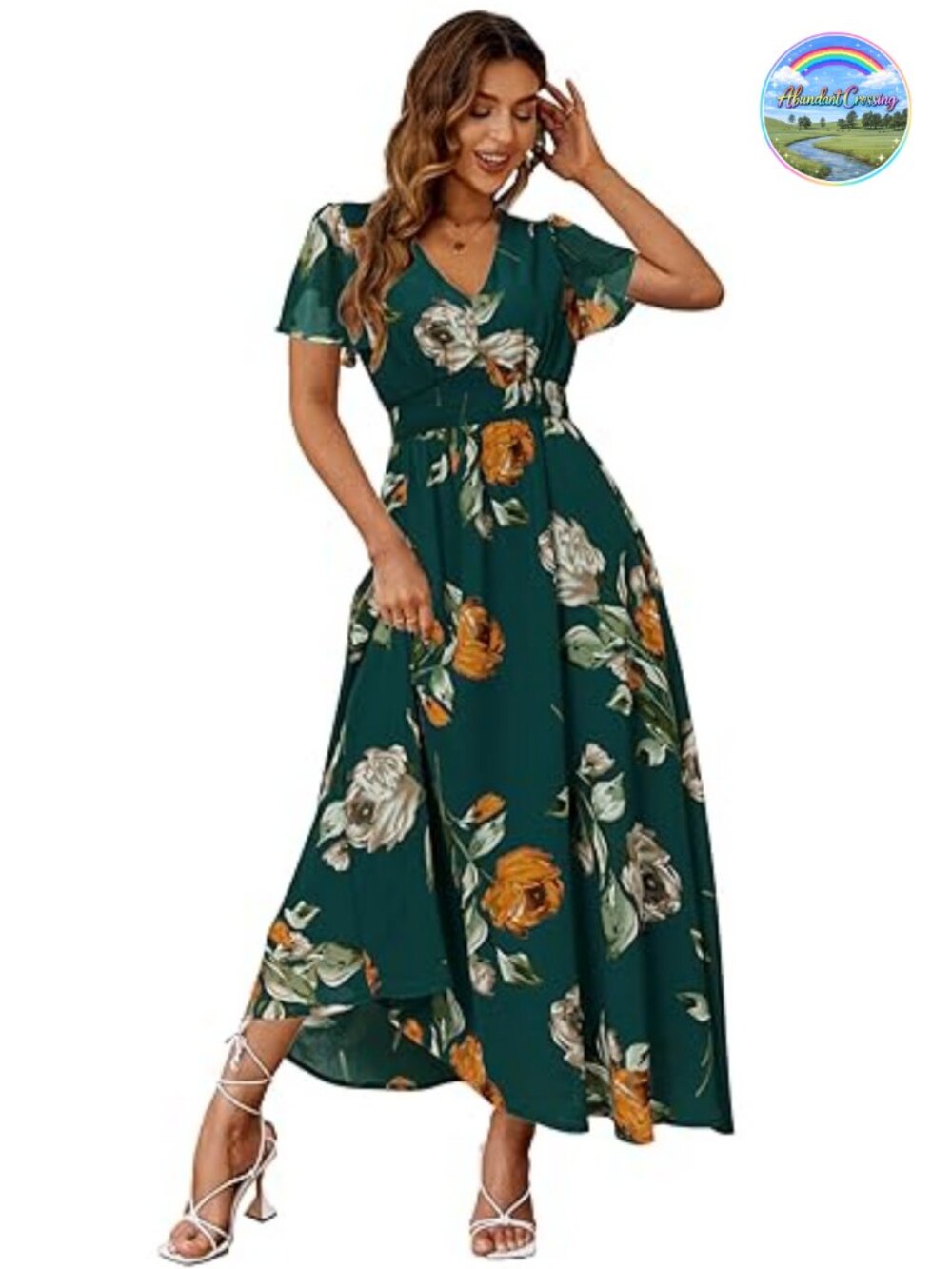 Boho Floral Maxi Dress Flowy V Neck Short Sleeve Wedding Guest